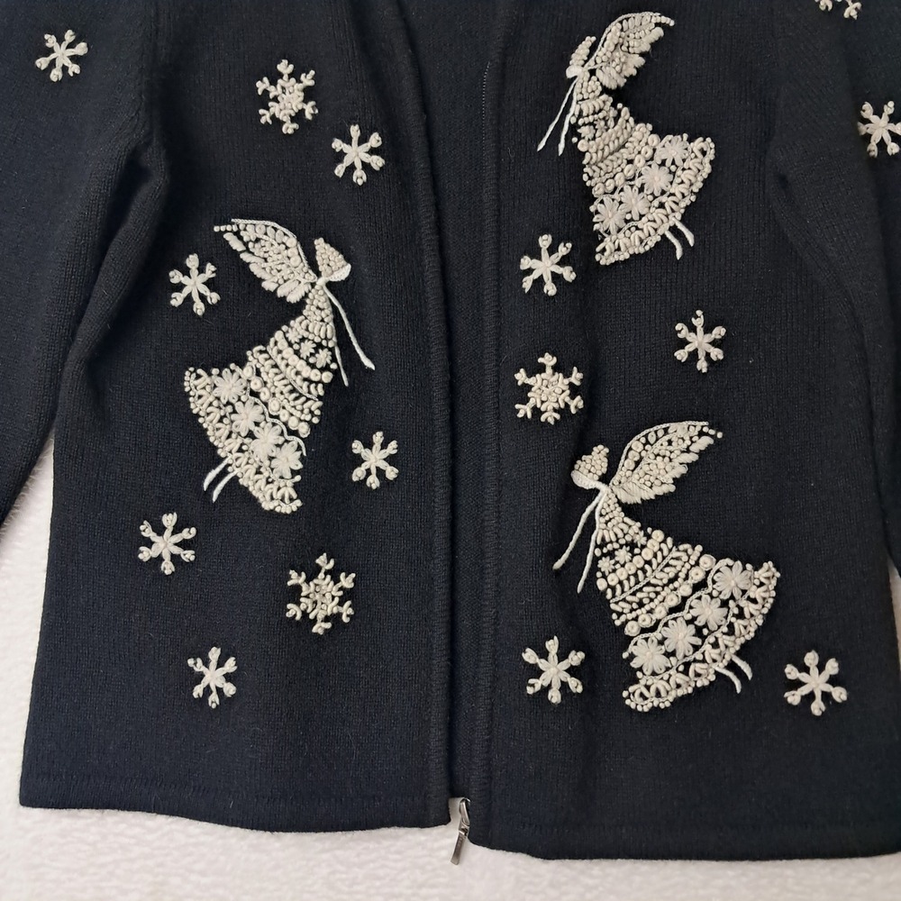 VTG Talbots Sweater Women's Medium Petite Black Angel Embroidered Wool Christmas - Picture 6 of 12